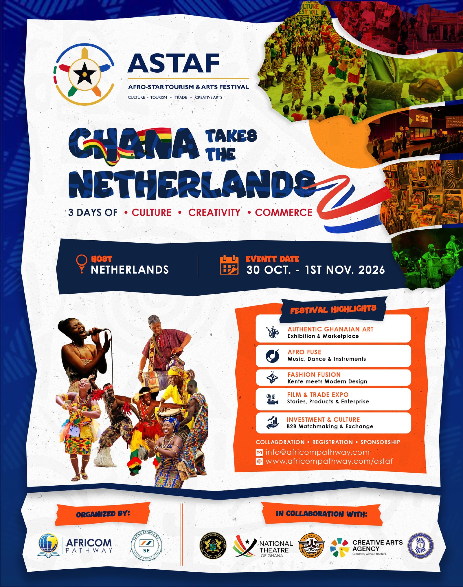 ASTAF 2026 event flyer featuring Ghanaian culture, creativity, and commerce in the Netherlands